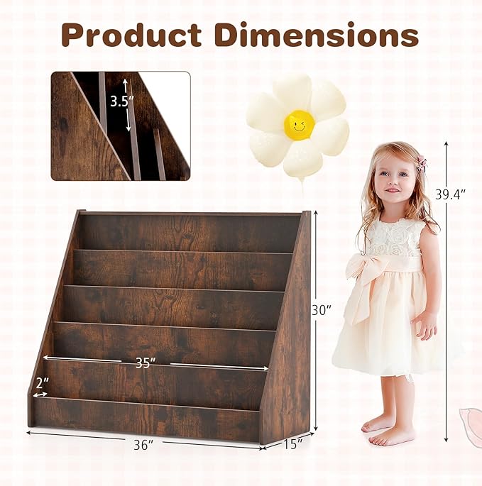 HONEY JOY Kids Bookshelf, 5-Tier Wooden Toddler Bookcase, Children Book Rack & Magazine Display Shelf, Toy Storage Organizer, Book Shelf for Kids Rooms, Playroom, Nursery, Classroom (Rustic Brown)
