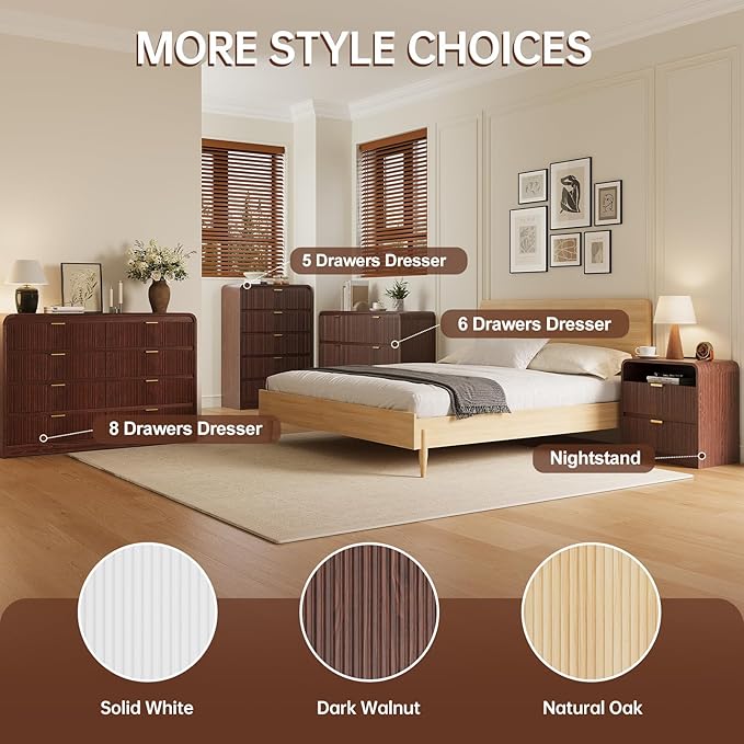 FURSUN Fluted 6 Drawers Dresser for Bedroom, 54" Wide Wooden Dresser with Metal Handle, Curved Profile Design, Modern Storage Organizer for Bedroom, Hallway (Walnut)