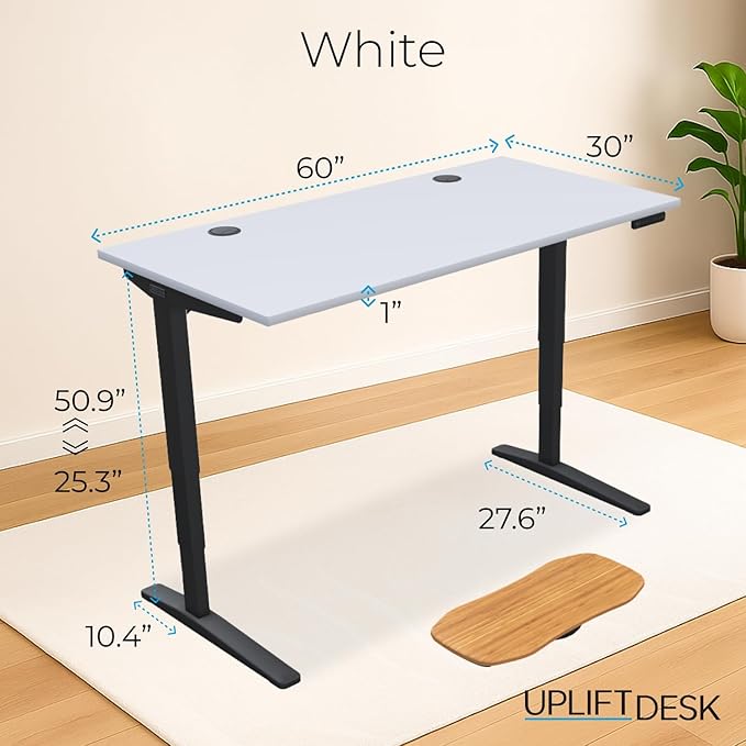 UPLIFTDESK V2 2-Leg White Laminate Wood Standing Desk – Adjustable Height, Advanced 1-Touch Memory Keypad, Under Desk Cable Management, Wire Grommets & Rocker Board (Black C-Frame, 60 x 30 inch)