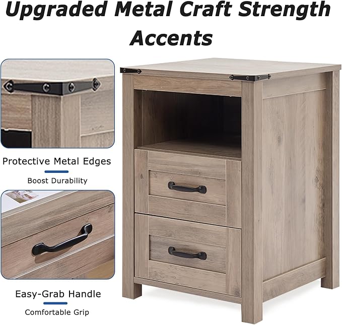 Farmhouse Night Stand, Rustic Sierra Nightstand for Bedroom, End Tables Without Charging Station, Bedside Table with Drawers, Wood Bedside Cabinet Dresser