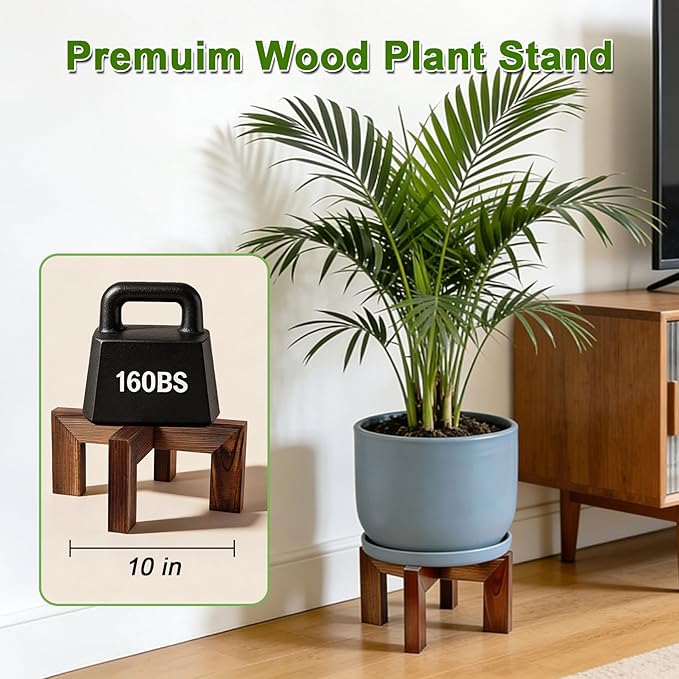 Wood Plant Stand Indoor Outdoor, Mid Century Modern Planter Holder, Sturdy Plant Pot Stand, Single Floor Flower Pot Holder (Walnut, Fit 5-10 Inch Pots)