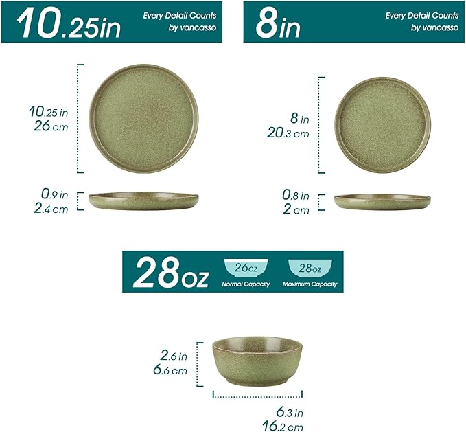 vancasso Plates and Bowls Sets, 24 Pieces Stoneware Dinnerware Set for 8, Ceramic Dish Set for Kitchen, Microwave and Dishwasher Safe, Mossy Green, Series ZERMATT