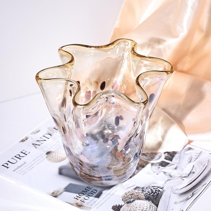 Hand Blown Amber Glass vase, Unique Brown Glass Wide Mouth vase for Console Office TV Stand Coffee Table entryway Entrance Desktop Living Room Table Centerpiece.