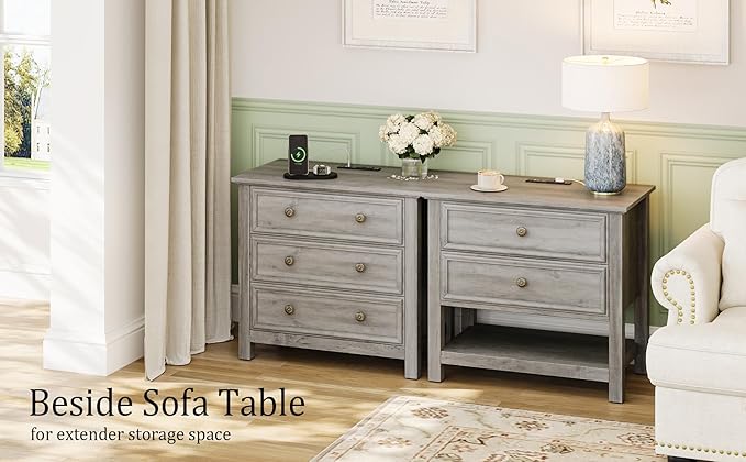 LGHM Large Nightstand with Charger Station, Dressers for Bedroom with 2 Drawers, 25.6" Tall Chest of Drawers Closet Organizers & Storage Clothes -Textured Borders for Living Room, Hallway, Gray