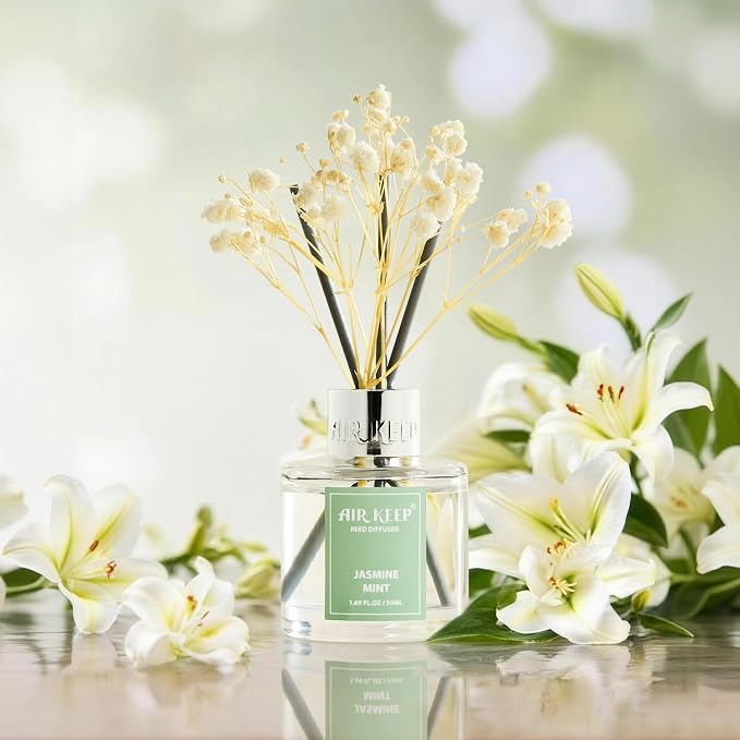 Airkeep Reed Diffuser Set,1.69 fl oz (50 ml) - Jasmine Mint Oil Diffusers with 8 Reed Sticks,Home Fragrance Reed Diffuser for Bathroom Shelf Decor