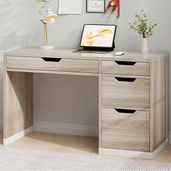 48 Inch Small Desk with Drawers, Walnut Desk with Storage, Study Desk with Filing Cabinet for Bedroom