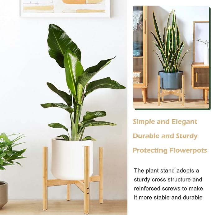 RETON Wood Plant Stand Indoor, Mid Century Modern Indoor Plant Stand, Wooden Plant Holder, Modern Bamboo Flower Pot Stand for Indoor, Outdoor, Garden, Yard, Office (13in, Large)
