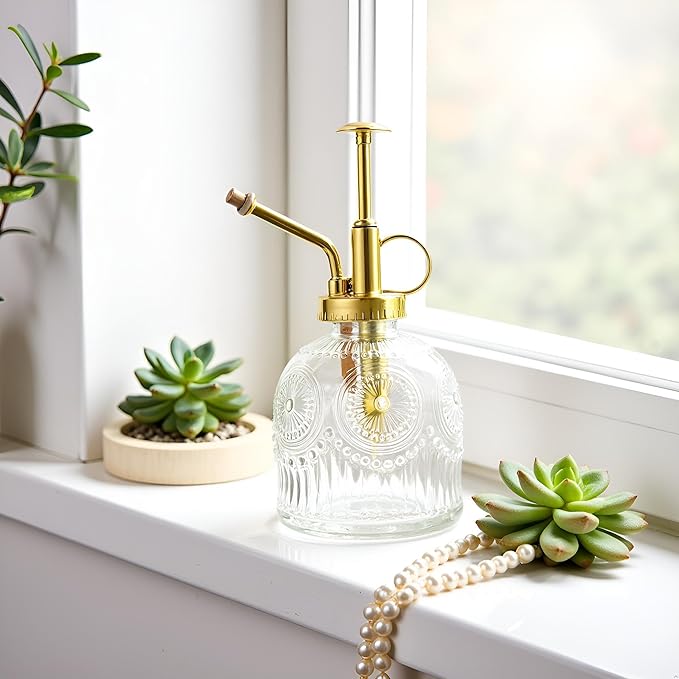 Glass Plant Mister Spray Bottle, 230ML Vintage Plant Spritzer, Succulent Watering Bottle Glass with Top Pump, Small Plants Sprayer Watering Can for Indoor Outdoor House(Clear)