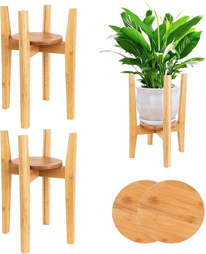 2 Packs Adjustable Plant Stand with Tray,Indoor Wood Plant Stand Fit 8'' to 12'' Planter,Mid Century Modern Flower Pot Holder Rack(Plant and Pot Not Included) Natural