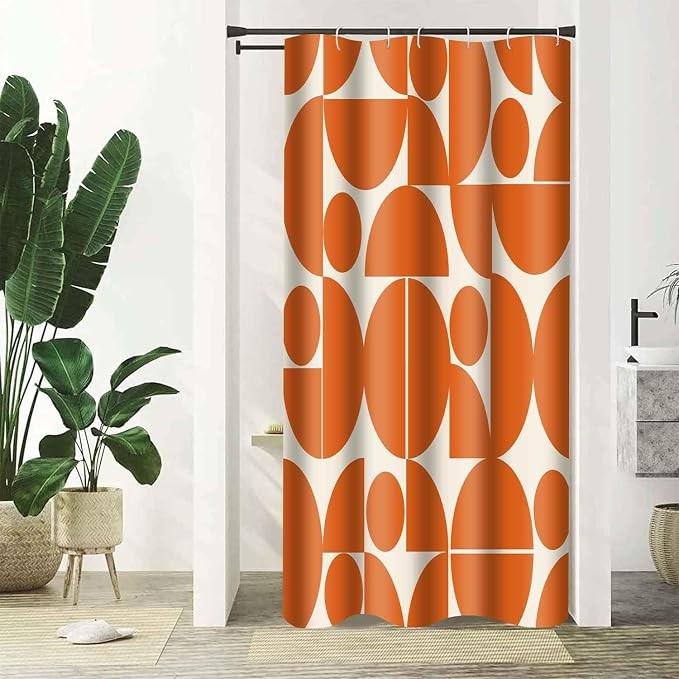 Vintage Orange Mid Century Modern Shower Curtain Boho Abstract Geometric Art Shower Curtains for Bathroom Decor 36x72 Inch 70s 80s Retro Washable Fabric Bathroom Set with 6 Hooks