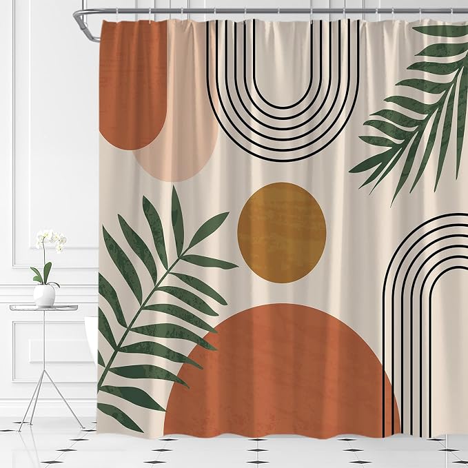 Mid Century Modern Shower Curtain Boho Beige Orange Abstract Retro Aesthetic Fabric for Bathroom Decor Bathtub with Hooks (70" WX70 H)