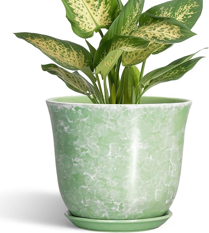 Ceramic Plant Pots - 5.6 Inch Plant Pot with Drainage Hole and Saucer, Round Orchid Succulent Pots for Indoor Outdoor, Small Modern Planter, Desk Window Room Decor, Green