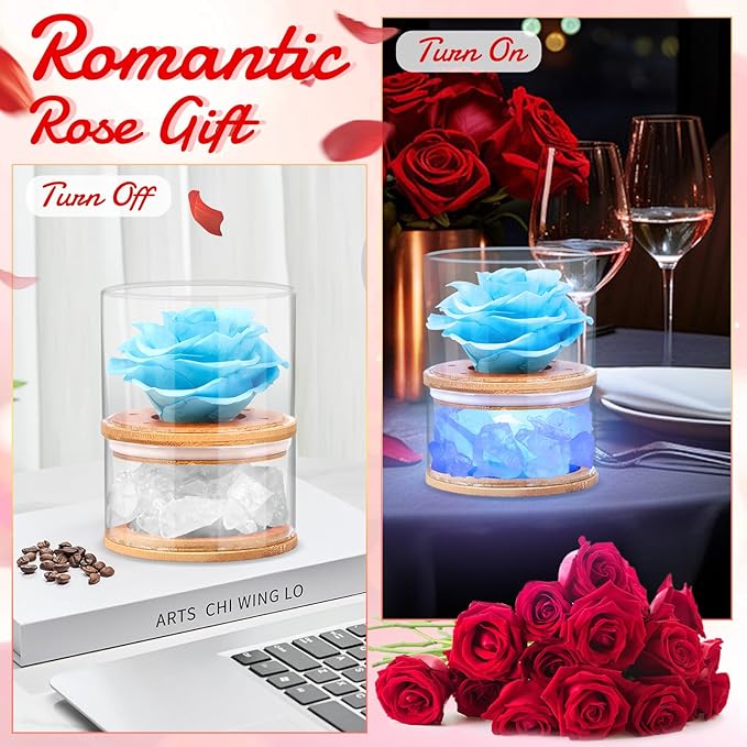 Christmas Birthday Flower Gift for Women Preserved Blue Rose with Light,Rose Essential Oil Set,Forever Flower Rose Gifts for Girlfriend Wife Mom Gift for Birthday, Anniversary,Thanksgiving,Valentines