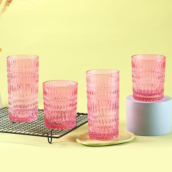 Loivttvv Glassware Drinking Glasses Set of 8, 14 oz Highball Glasses & 10 oz Ribbed Glass Cups, Vintage Glassware for Water, Juice, Cocktail, Whiskey (Pink)