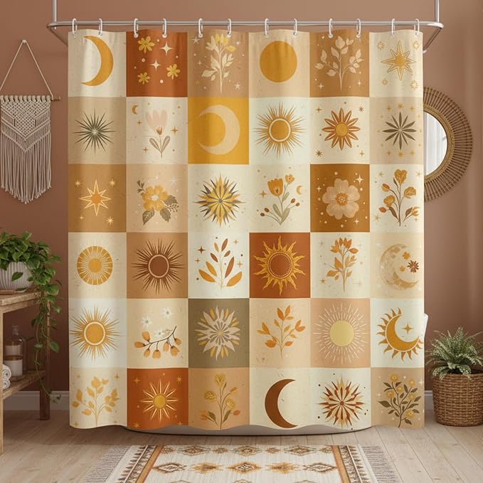 Boho Sun and Moon Shower Curtain, Mid-Century Modern Burnt Orange & Sage Grid Design, Abstract Floral Botanical Celestial Aesthetic Bathroom Decor, Waterproof Fabric, 72x72 Inch.
