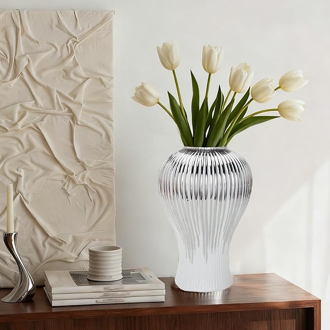 Ginger Jar, White Gold Ceramic Vase Large Handmade Porcelain Vases with Lid, White Gold Decorative Flower Vase for Home, Living Room, Weddings, Centerpieces (B-Silver-Medium)