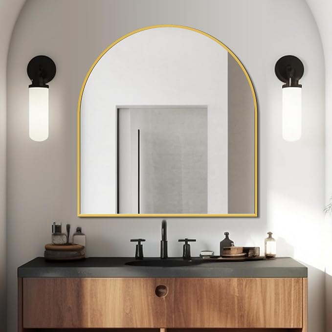 FICTOR Bathroom Mirror for Wall, Arched Vanity Bathroom Mirror for Over Sink, Metal Framed with HD Shatter-Proof Glass for Entryway, Living Room,Bedroom(30” x 32”, Gold)