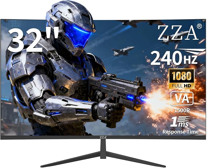 ZZA 32 Inch Curved Gaming Monitor 240Hz Curved Monitor Computer Monitor-HDMI DP USB Headphone Ports,1080p 1K FHD Ultra Slim Curved Screen with Wide Angle,High Refresh Rate Immersive PS5 Xbox PC Gaming