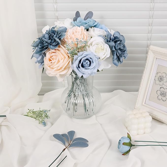 Artificial Flowers Combo Box Blue Fake Flower Bouquet Set for Wedding Centerpieces Arrangements Bridal Shower Birthday Party DIY Decorations