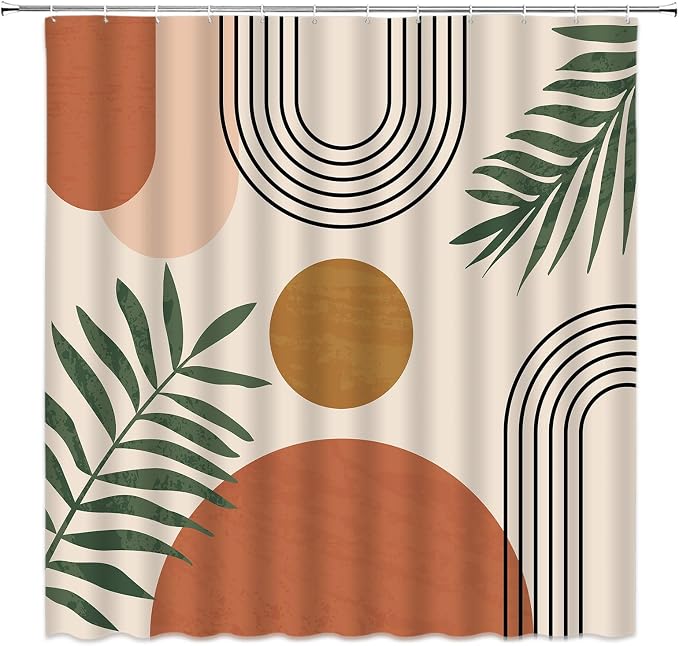 Mid Century Modern Shower Curtain Boho Beige Orange Abstract Retro Aesthetic Fabric for Bathroom Decor Bathtub with Hooks (70" WX78 H)