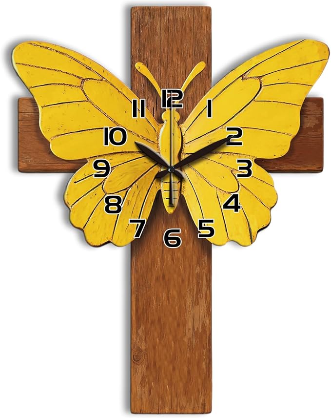 Cross Wall Clock Irregular Shape Decorative Wall Clock Butterfly Non-Ticking Clock for Home Office Decoration, 16.14×12.63 inch