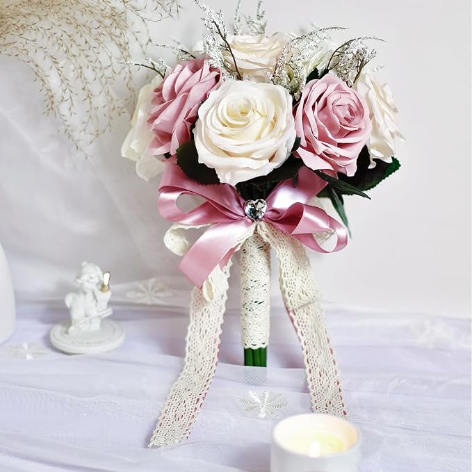 Dusty Pink Wedding Bouquets for Bride Bridesmaid,White Blush Pink Artificial Fake Silk Roses Flowers Bridal Bouquet for Wedding French Vintage Boho Rustic Church Decoration Toss Bouquet (8.6in(M))