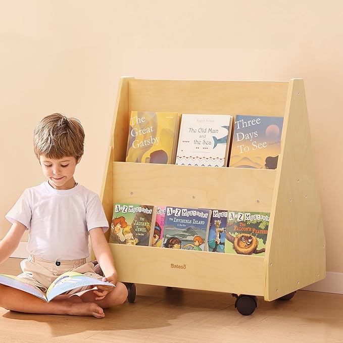 Double-Sided Kids Bookshelf, Premium Book Shelf for Kids Rooms, Toddler Book Rack Organizer with Wheels, Wooden Montessori Bookshelf & Book Storage Display for Classroom, Preschool, Nursery