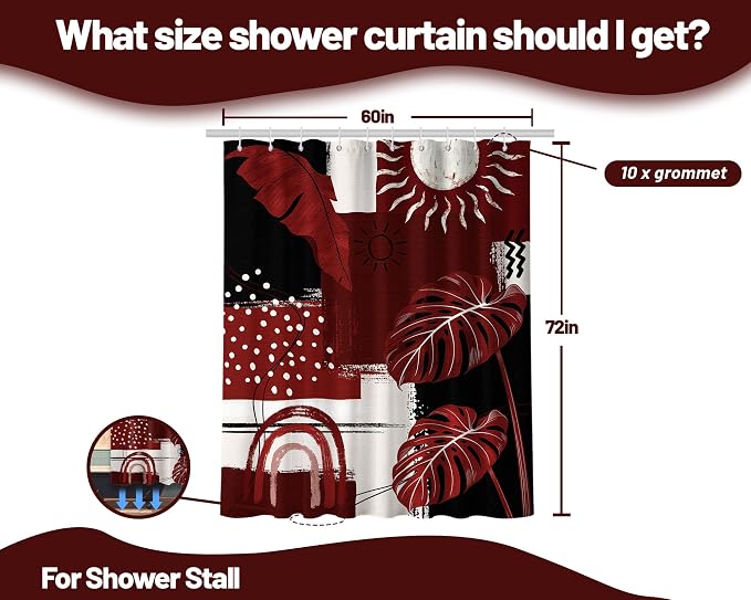 Black and Red Mid Century Modern Shower Curtain Bohemian Abstract Burgundy Shower Curtains for Bathroom Decor Sets, Waterproof Cloth Fabric with Hooks, 60x72 Inch