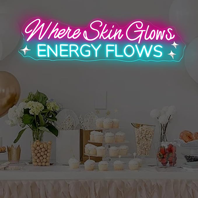 Where Skin Glows Energy Flows Neon Sign Beauty Salon Sign Medspa Decor LED Sign Spa Wall Art SkinCare Facial Room Wall Decor Beauty Spa Sig, Hair Salon Nails Wax Lash Beauty Decoration Aesthetic,23.6IN