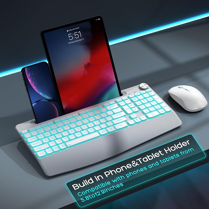 JOYACCESS Ergonomic Wireless Keyboard with Phone Holder,Rechargeable Backlt Wireless Keyboard Mouse Combo with Light Up Keys for for Laptop, PC, Mac, Windows-Silver White