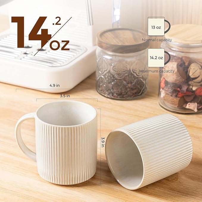 theterra Ceramic Coffee Mugs Set of 4, 14.2oz Handmade Coffee Cups with Handle for Latte, Tea, Milk, Beer, Hot Cocoa, Reactive White
