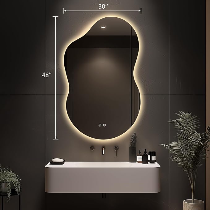 48"x30" Irregular LED Lighted Vanity Mirror for Bathroom, Backlit Only, Anti-Fog, 3-Color Dimmable Lighting, Wall Mount [Horizontal/Vertical]