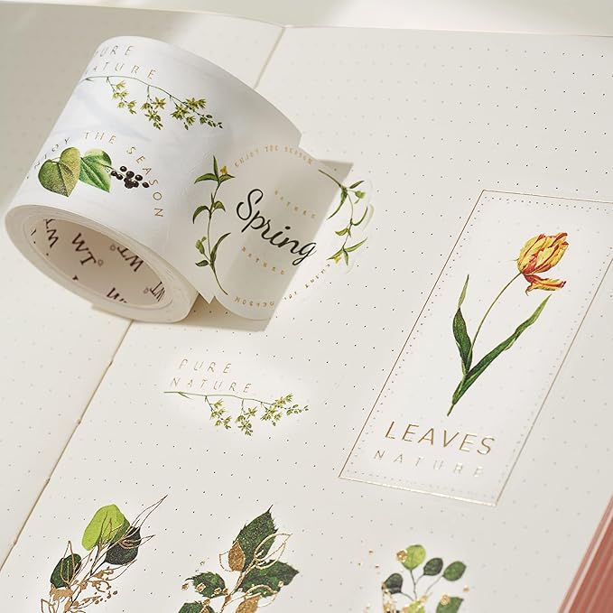 WT Green Oasis Washi Sticker Set, 3 Rolls, Original Designs, Pastel Decorative, Plants Sticker, Gold Foil, Bujo Planner Supplies, DIY Paper Stickers
