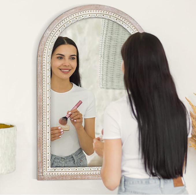 24 * 32 inch Arched Wall Mounted Mirror, Wood Decorative Mirrors, Boho Mirrors with Beaded Frame, Rustic Vanity Mirror, Distressed Mirror for Bathroom, Living Room, Bedroom, Entryway