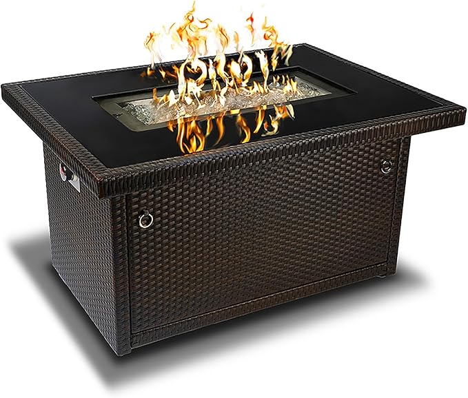 Outland Living Series 403 Fire Table – 44" 50,000 BTU Outdoor Propane Gas Fire Pit Table with Tempered Glass Top & Arctic Ice Decorative Glass Rocks, Espresso Brown