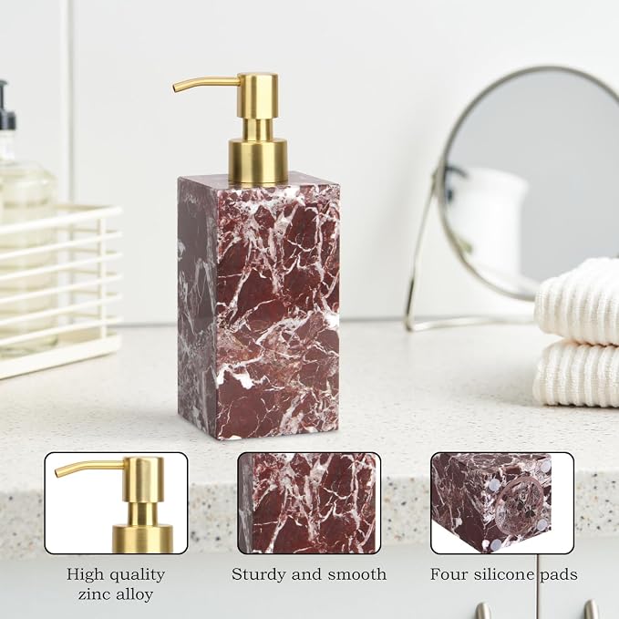 Natural Marble Soap Dispenser for Bathroom and Kitchen Countertop - 5.41 Ounces Hand Lotion and Liquid Stone Shampoo Laundry Bottle with Pump (1, Rosso Lepanto, Rectangular Bottle)
