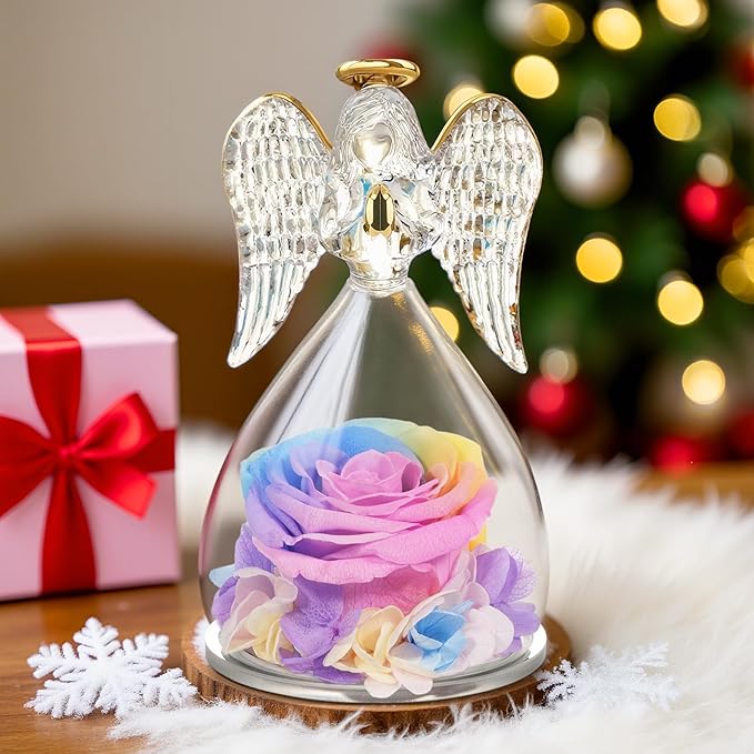 Yamonic Mom for Mom Grandma, Angel Figurines with Real Rose Birthday Gifts for Moms Women, Preserved Rose Flower Angel Figurines for Mothers Day Valentine's Day Gifts for Her(Rainbow)