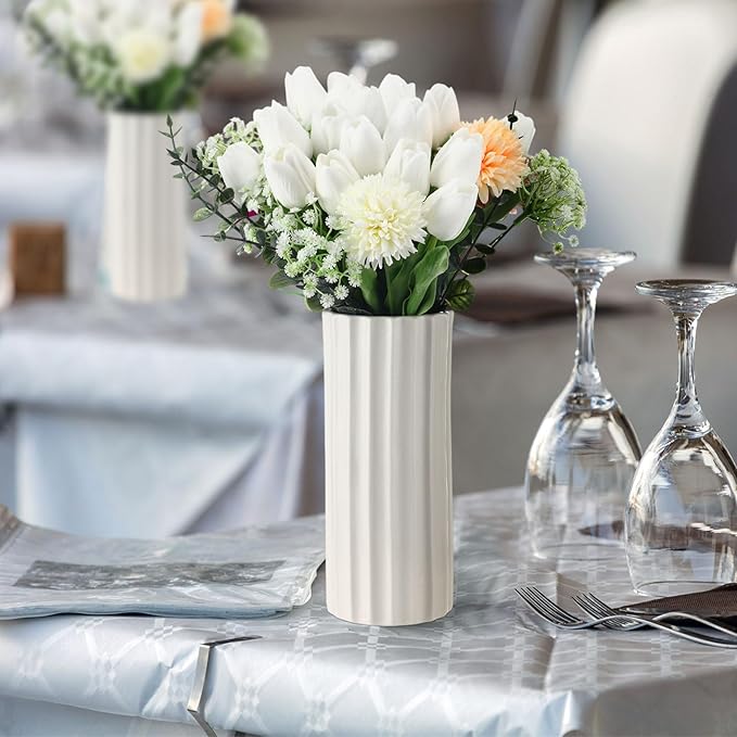 Janinka 60pcs Artificial Tulip Flowers Fake PU Tulips Faux Latex Bouquet Flower Centerpieces Arrangement Floral for Mother Day Wedding Spring Decorations (White)