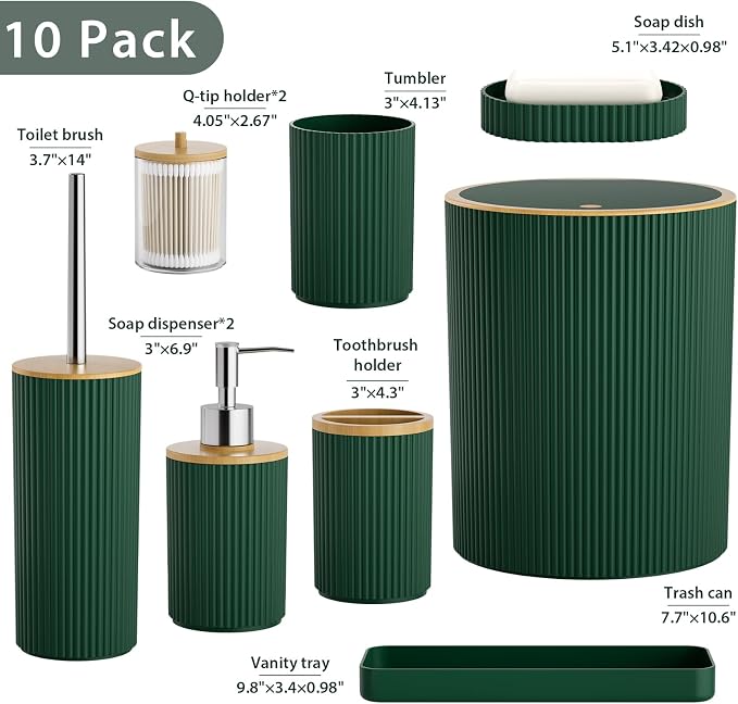 10PC Bathroom Accessories Set - Dark Green and Wooden Bathroom Sets, Bathroom Accessory Set with Pop Up Trash Can, Toilet Brush, Trash Can, Qtip Holder & Soap Dispenser