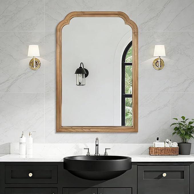 Wood Bathroom Mirror for Wall, 36 x 24 Inch Large Decorative Wall Mirror with Rustic Wooden Frame for Living Room, Vanity, Bedroom, Entryway, Farmhouse
