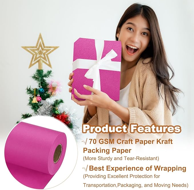 PATIKIL Wrapping Paper, 12" x 800"(66') 70 GSM Craft Paper Roll Kraft Packing Paper for Poster Bulletin Board, Gift Wrapping, Rose Pink