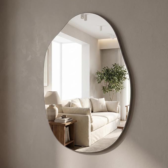 BEAUTYPEAK Asymmetrical Mirror, 22 x 32 Inches Irregular Wall Mirror, Wood Frame Unique Shape Wall Mounte, Decorative for Living Room Bedroom Entryway Hallway