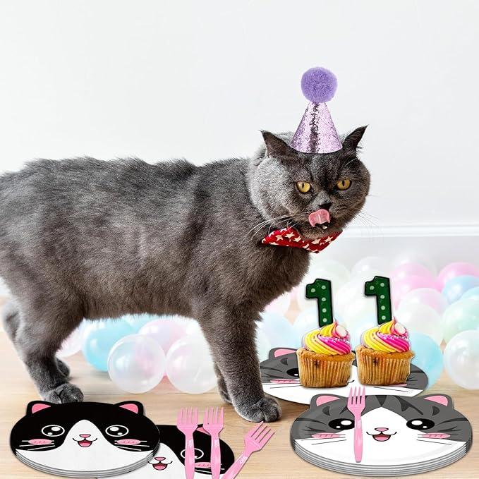 48Pcs Cute Cat Birthday Decorations Plates Cat Party Decorations Include Desserts Plates Napkins Forks for 16 Guests