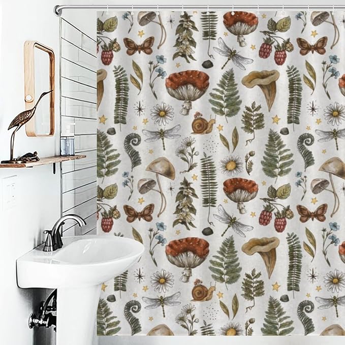 Mushroom Shower Curtain for Bathroom, Farmhouse Country Wild Floral Daisy Botanical Mushroom Cottagecore Nature Plants Herbs Retro Waterproof Fabric Shower Curtain Set with Hooks, 72"x84" Inch