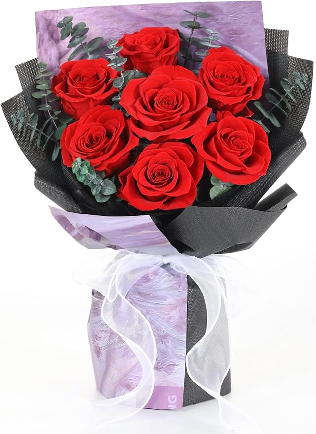 Preserved Flowers Bouquets 7 Roses, Long-Lasting Flower with Gift Box, Real Forever Flower Gifts for Delivery Women Wife Mom Friend on Anniversary Birthday Wedding (Red Roses)