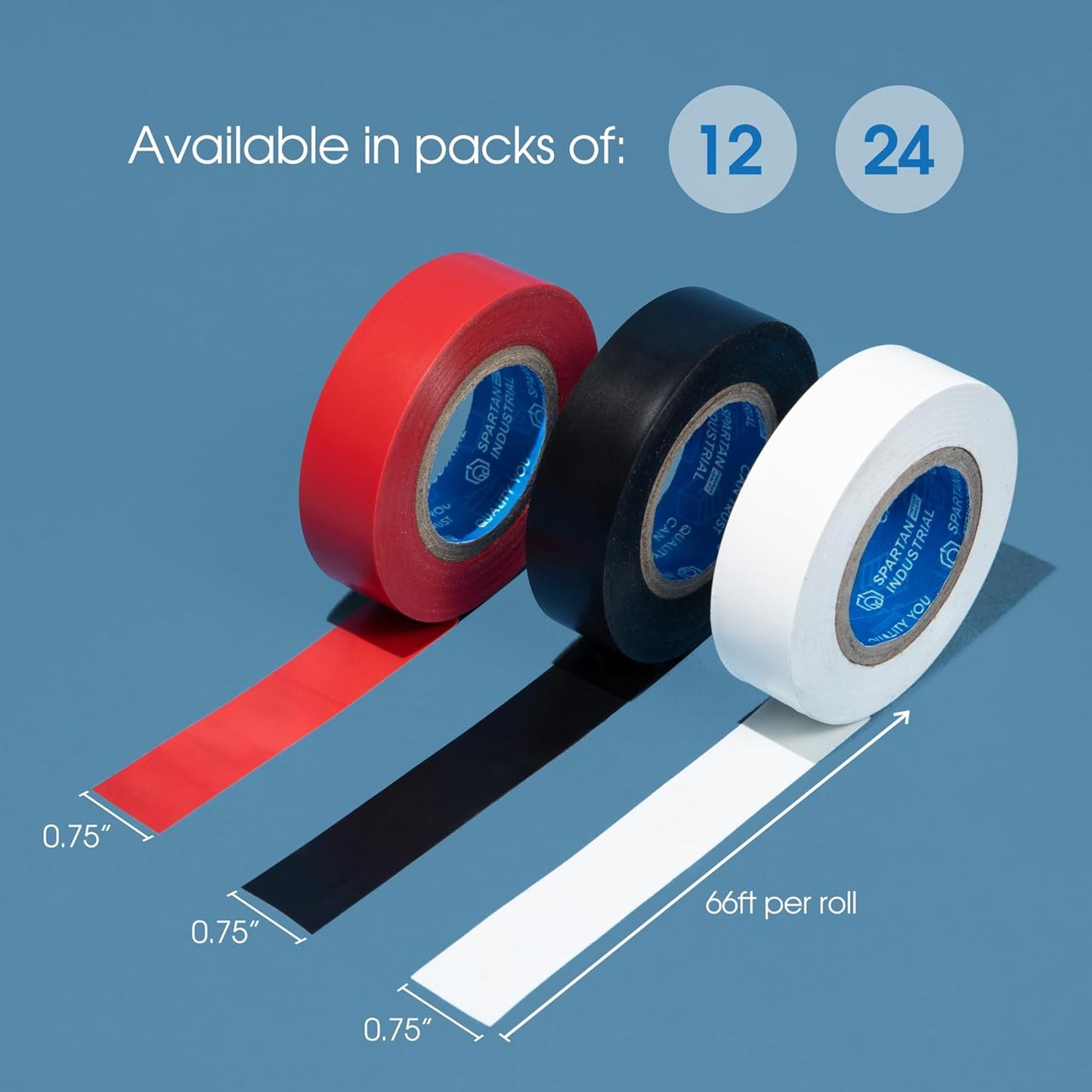Spartan Industrial - 3/4" X 66' White Vinyl Tape | 12 Colored Electrical Tape Rolls for Versatile Use