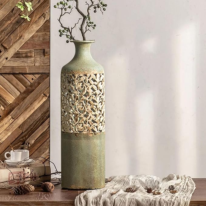 20.3″ Tall Metal Floor Vase – French Country Green & White Geometric Iron Cylinder Decorative Vase for Living Room • Entryway • Hallway (Rustic Romantic Accent & Dried/Faux Flowers)