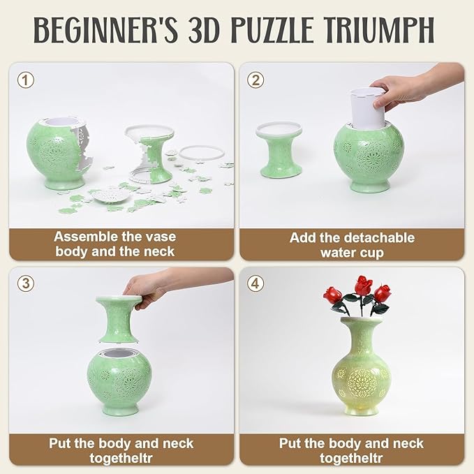 3D Puzzle Vase, 160 Curved Pieces DIY Flower Vase Craft Kit & 3D Puzzles for Adults, Creative Jigsaw Art Project Home Décor Centerpiece, (C-Jade Floral Carving)