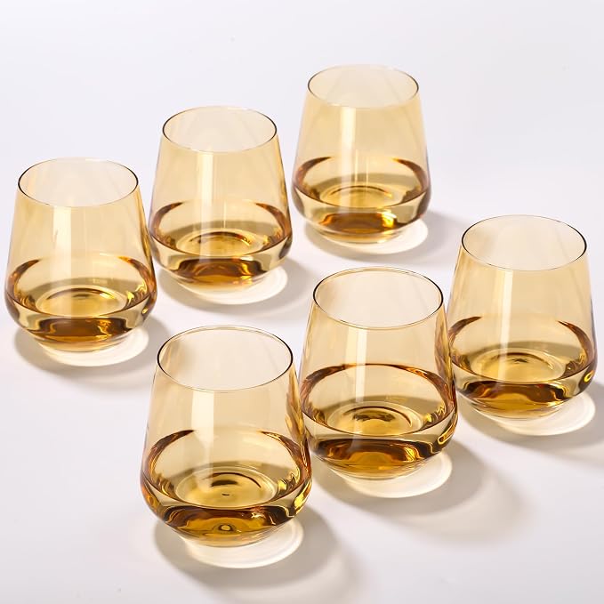Amber Stemless Wine Glass Set of 6-17oz Wine Glasses, Stemless Drinking Glasses for Wine, Cocktails & Beverages - Elegant Glassware for Home, Bar & Holiday Use