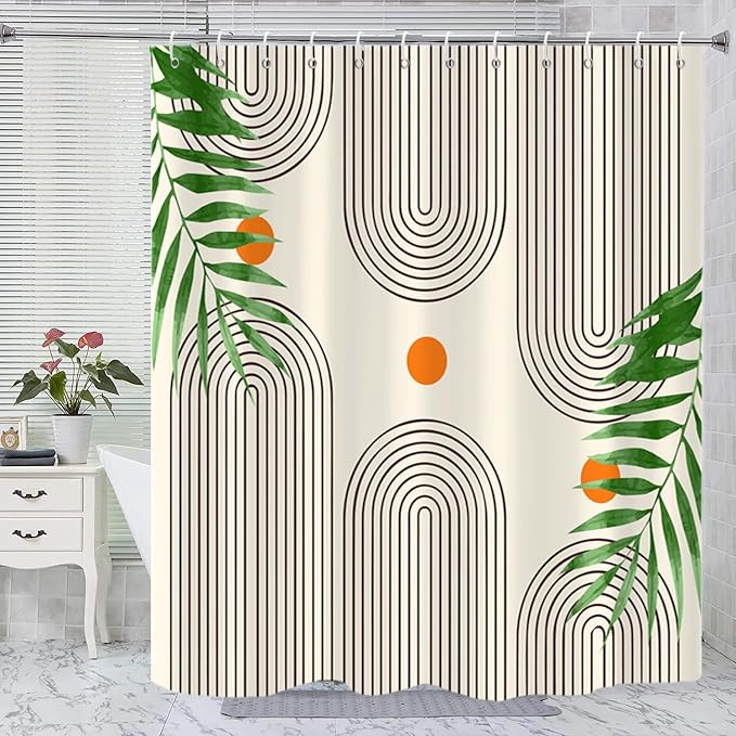Boho Mid Century Modern Shower Curtain, Abstract Arch Leaf Minimalist Sun Beige Machine Washable Waterproof Fabric for Bathroom Decor Bathtub with Hooks 72x72